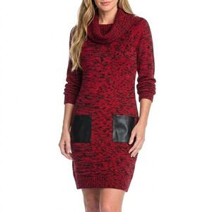 NEW Alison Andrews Red Marl Knit Sweater Dress Cowl Neck Faux Leather Pockets L